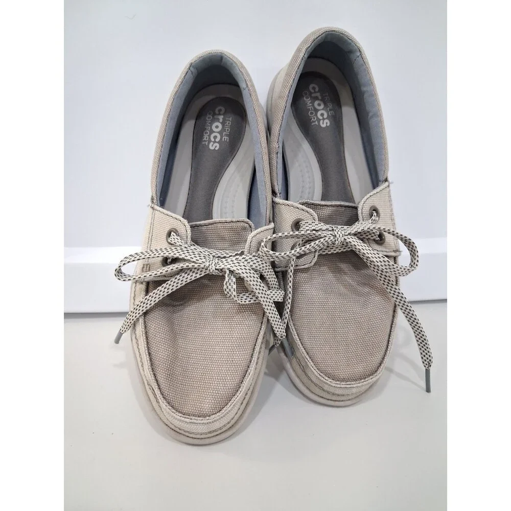 Crocs Walu II Canvas Boat Shoes Gray Loafers Triple Comfort Laced Coastal Preppy